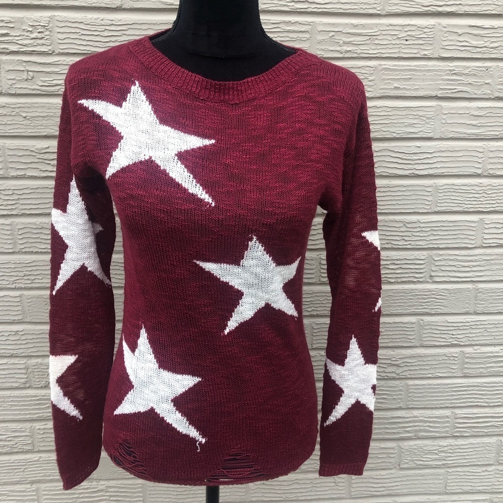 La Miel Long Sleeve Wine Distressed Big Stars Sweater with Deconstructed Hem - Picture 6 of 6